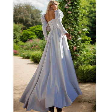 Satin Wedding Dress Square Neck Full Sleeves Buttons Side Slit Sweep Train A Line Bridal Gown