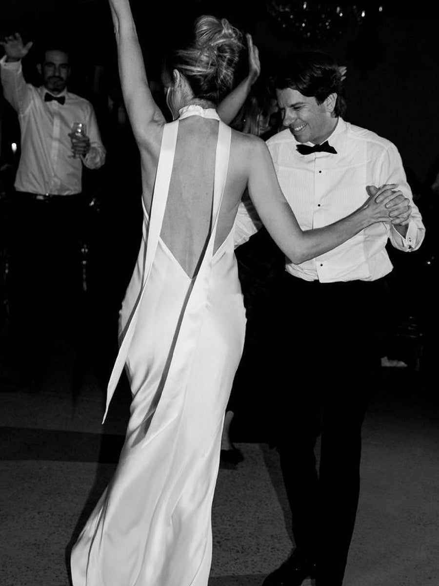 Halter Low-V Neck Backless Sleek Satin Wedding Dress with Train