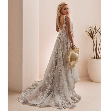 Abiti da sposa glamour champagne Abiti da sposa senza maniche in pizzo con scollo a V