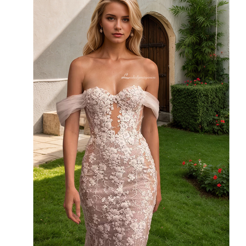 Lantern Sleeves Mermaid Wedding Dresses Beads Appliques Sweetheart Tulle Bridal Gowns