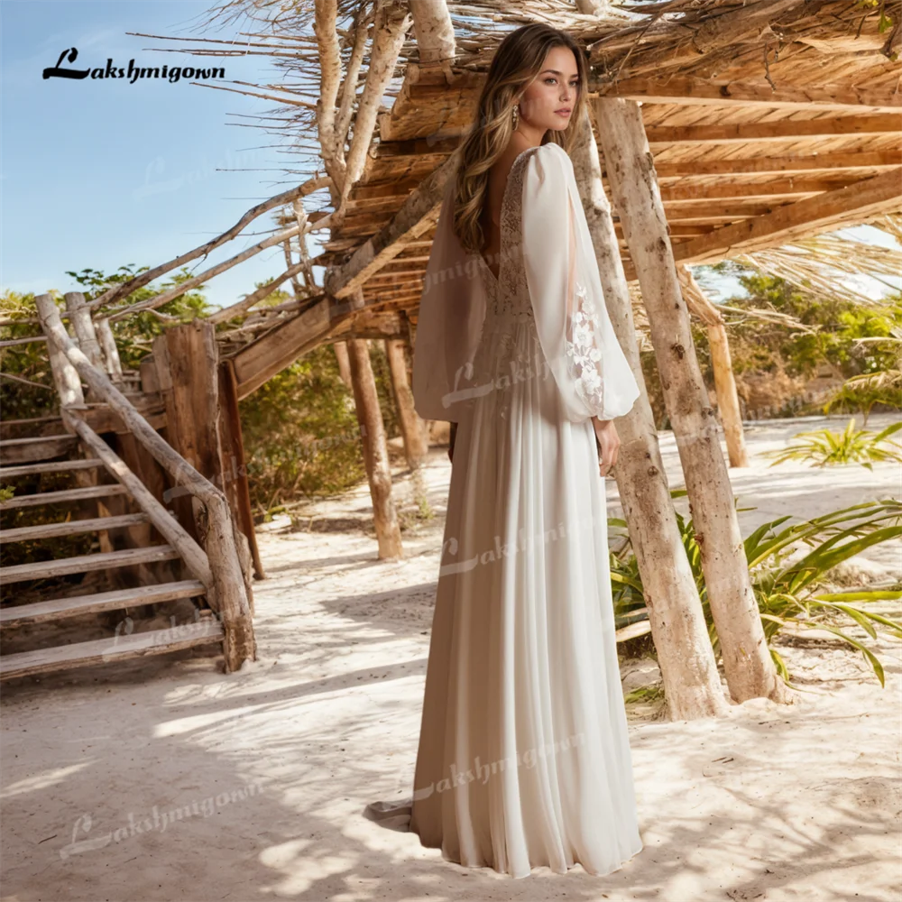 Chiffon Long Sleeves V Neck A Line Wedding Dresses