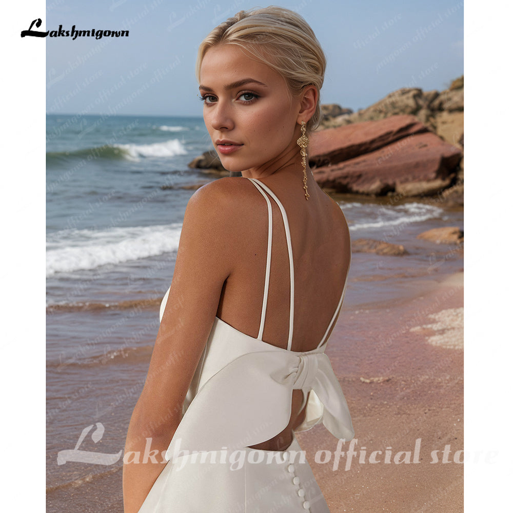Elegant Satin Wedding Dresses Spaghetti Straps Bow A-Line Side Slit Bride Celebrity Gown