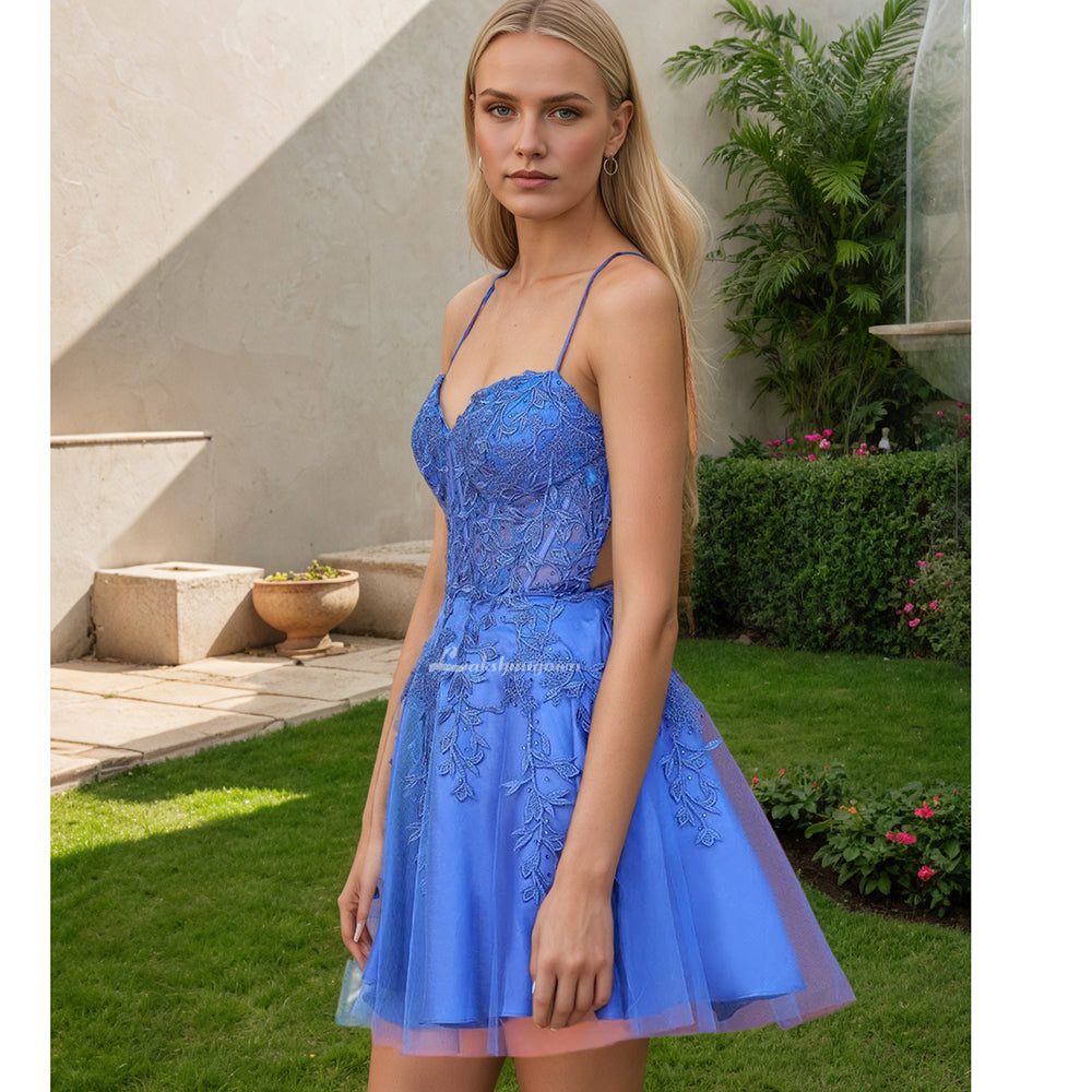A Line Spaghetti Straps Royal Blue Corset Homecoming Dress with Appliques HCM0136