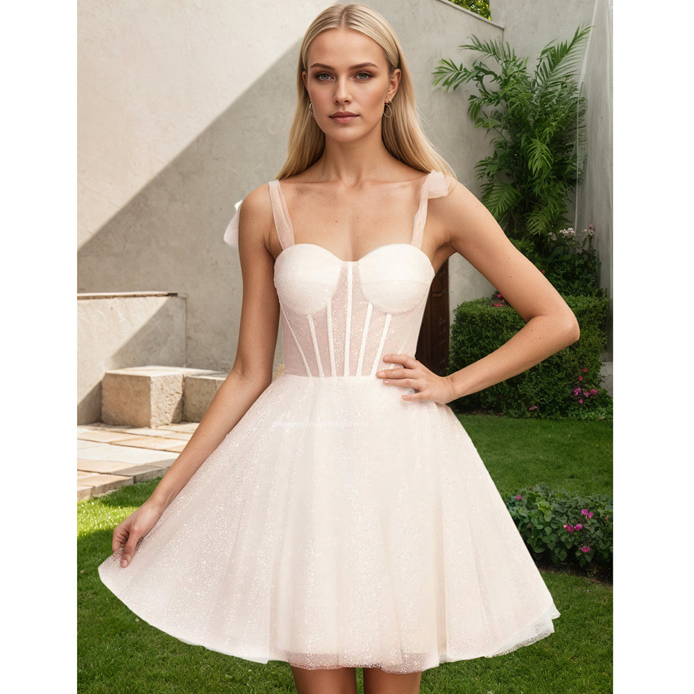 A-Line Tie Shoulder Ivory Spraying Short Party Dress Homecoming Dress HCM0135