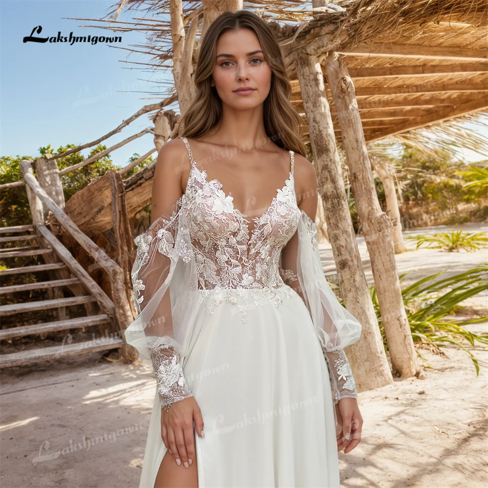 A Line Chiffon Boho Beach Wedding Dress with Long Sleeves