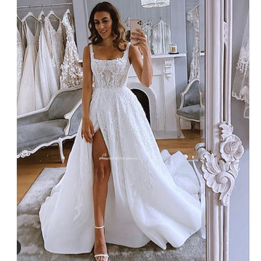 Square Neck Split Wedding Dresses with Appliques