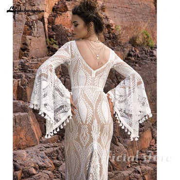 Full Lace Mermaid Wedding Dresses with Long Wide Bell Sleeves