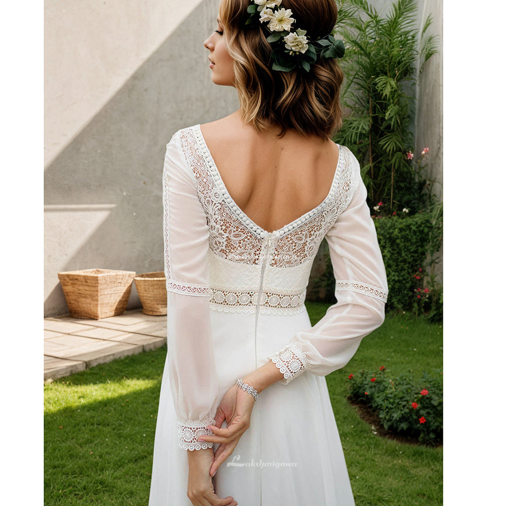 Puffy Chiffon Long Sleeve Boho Wedding Dress Plus Size Bridal Beach Wedding Gowns