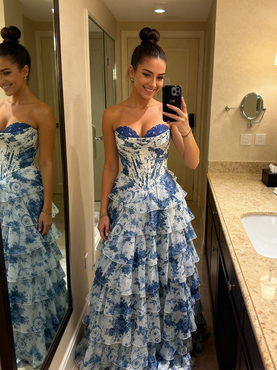 Tiered Floor-Length Fancy Prom Dresses with Flower Ruffles