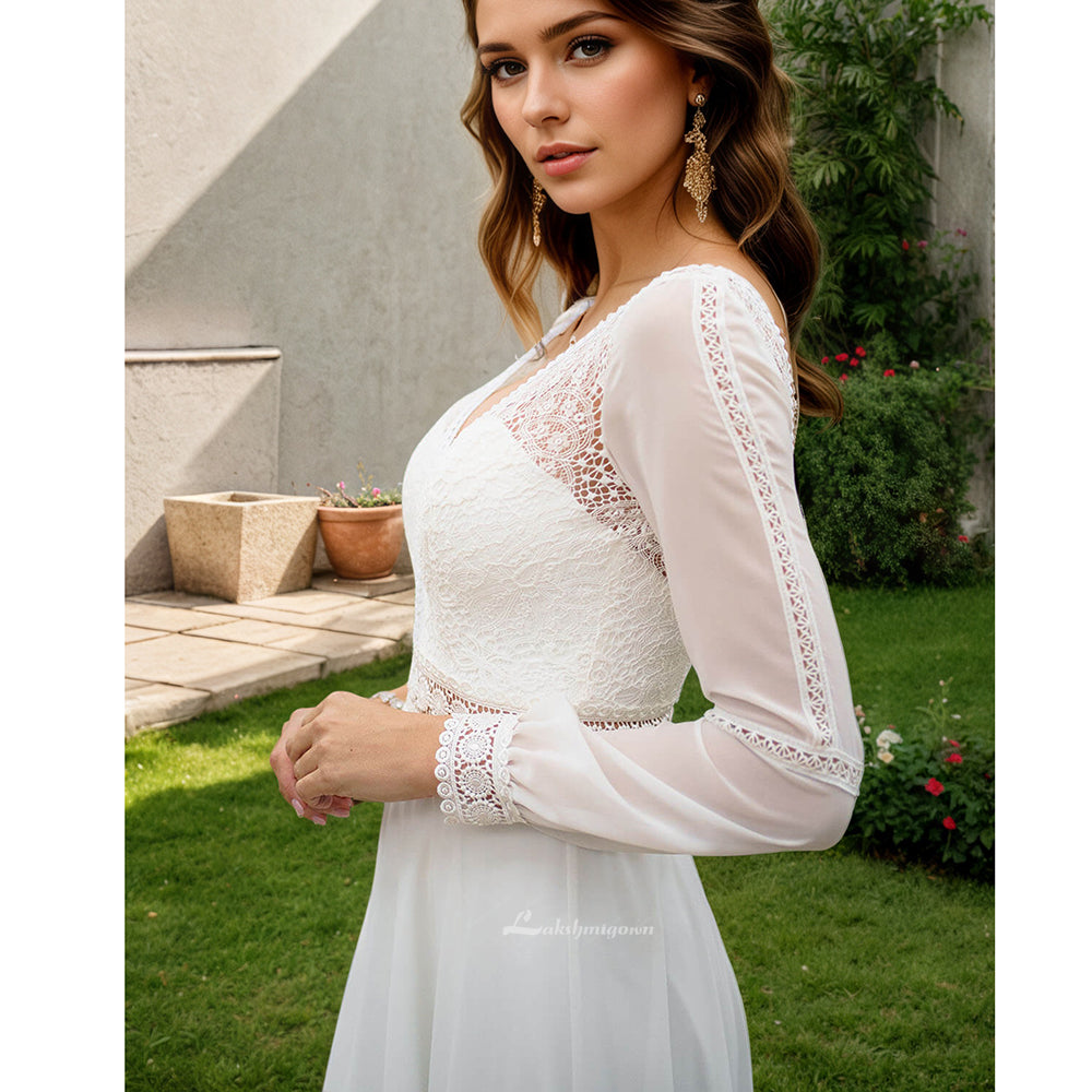 Puffy Chiffon Long Sleeve Boho Wedding Dress Plus Size Bridal Beach Wedding Gowns