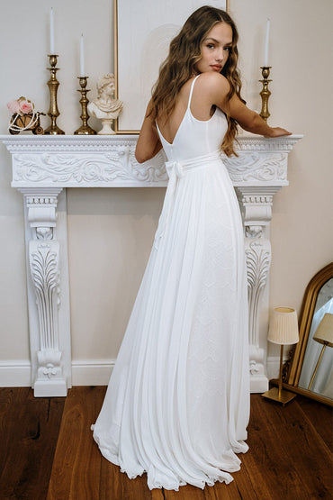 Spaghetti Straps Lace Chiffon Beach Wedding Dress