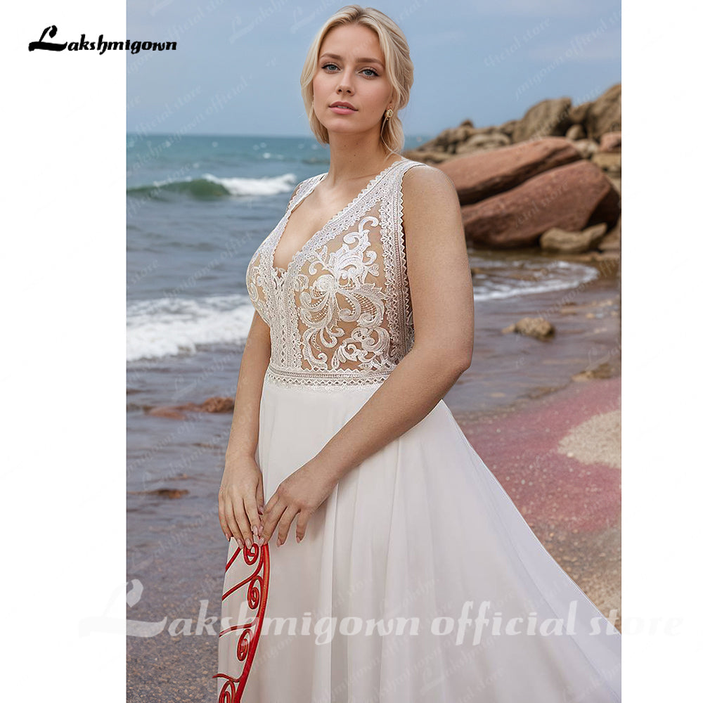 Classic Plus Size Beach V Neck Lace Appliques Chiffon A Line Wedding Dress 2025