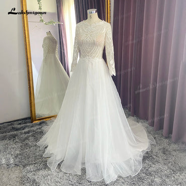 Unique Lace Organza Boho Wedding Dress with Long Sleeve