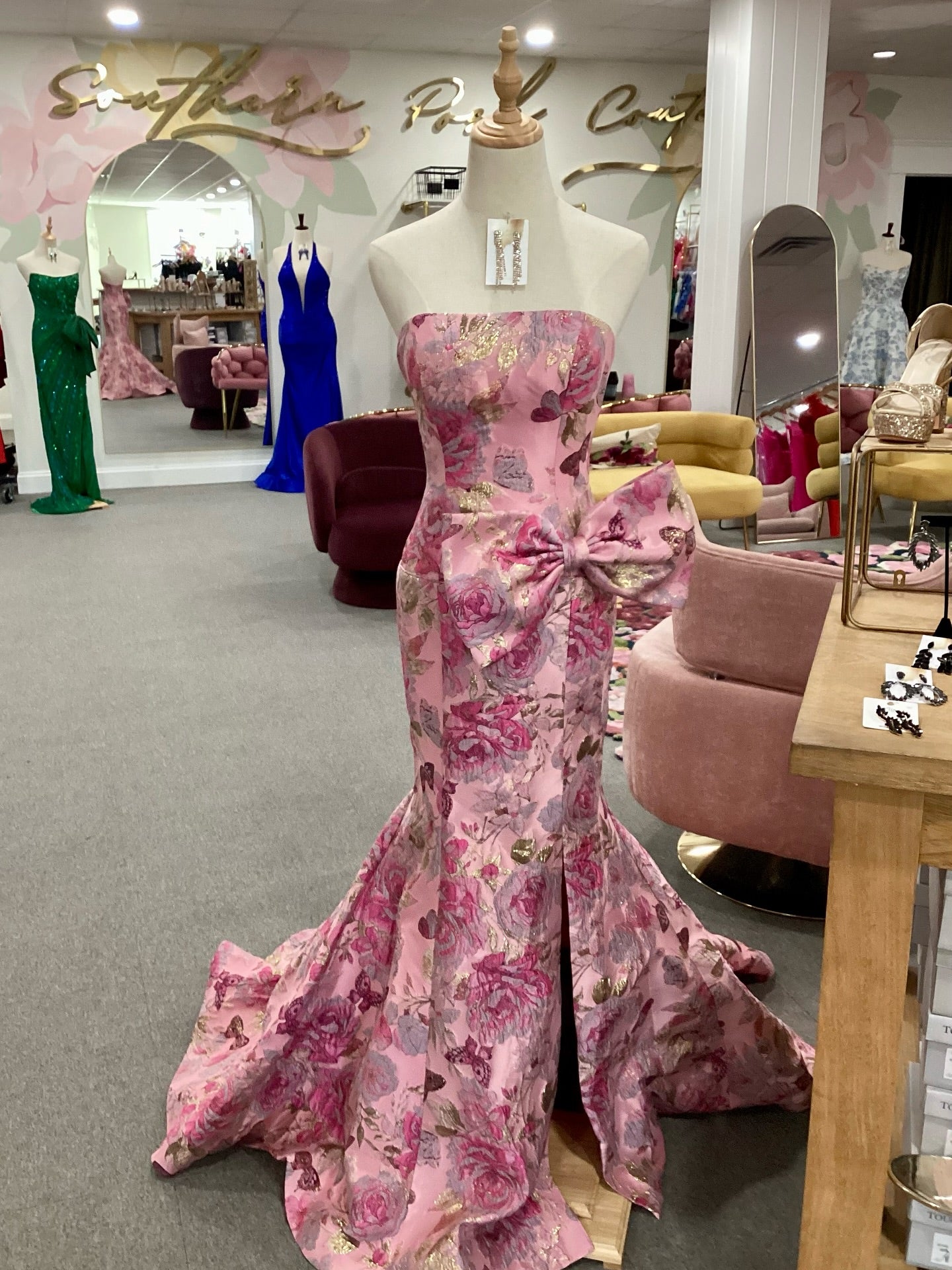 Rose Gold Print Floral Mermaid Prom Dress with Bow