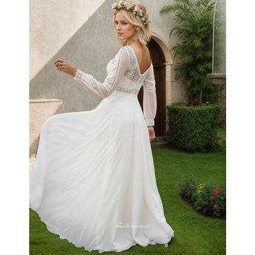 Puffy Chiffon Long Sleeve Boho Wedding Dress Plus Size Bridal Beach Wedding Gowns