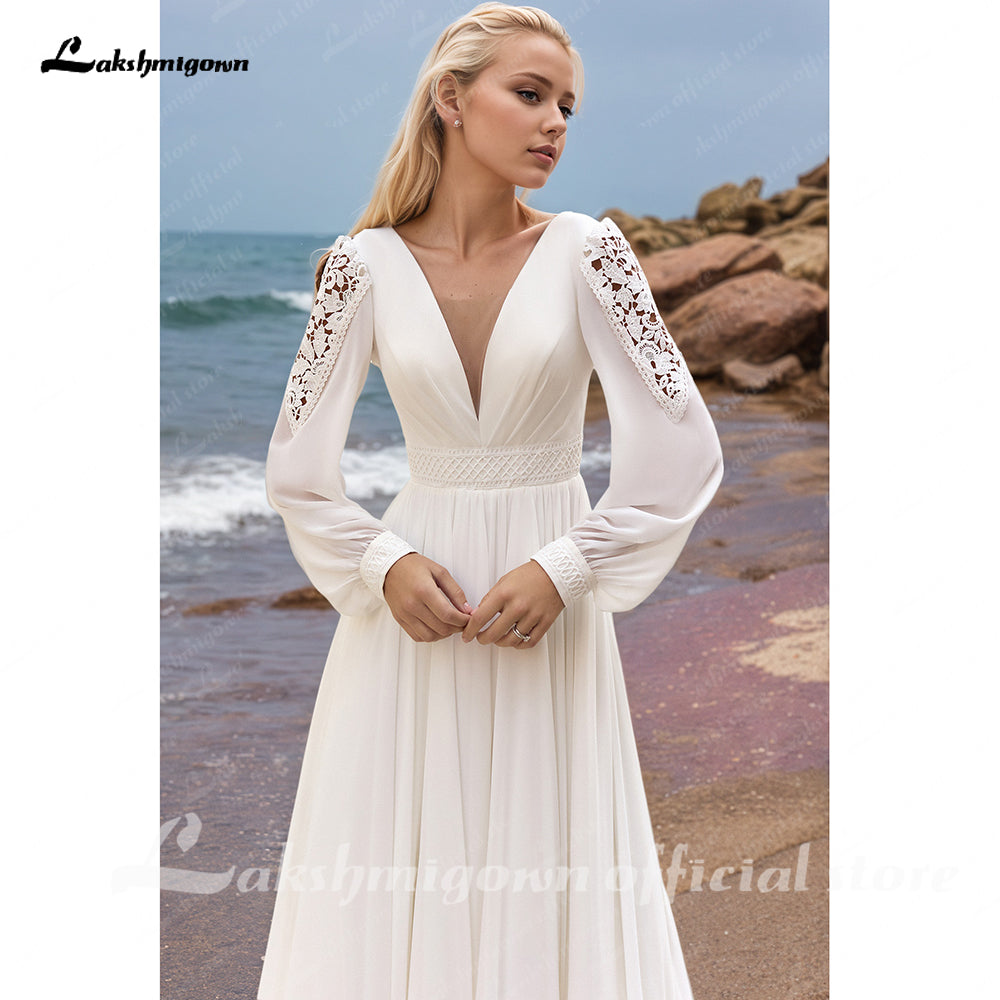 Puff Sleeves Deep V Neck Lace Chiffon Beach Wedding Dress Corset Bride Dresses