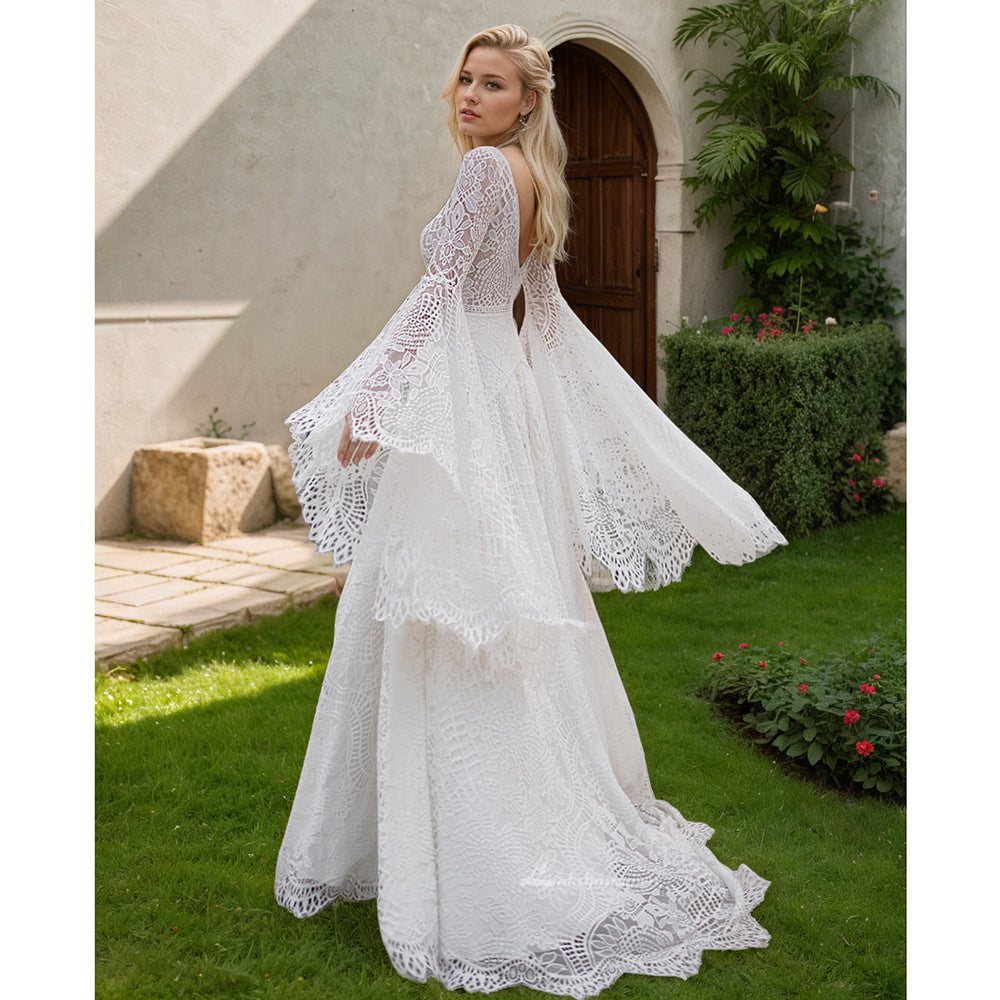 Lace Boho Wedding Dresses Off Shoulder Long Sleeve Backless Bohemian Bridal Gowns
