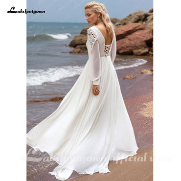 Puff Sleeves Deep V Neck Lace Chiffon Beach Wedding Dress Corset Bride Dresses