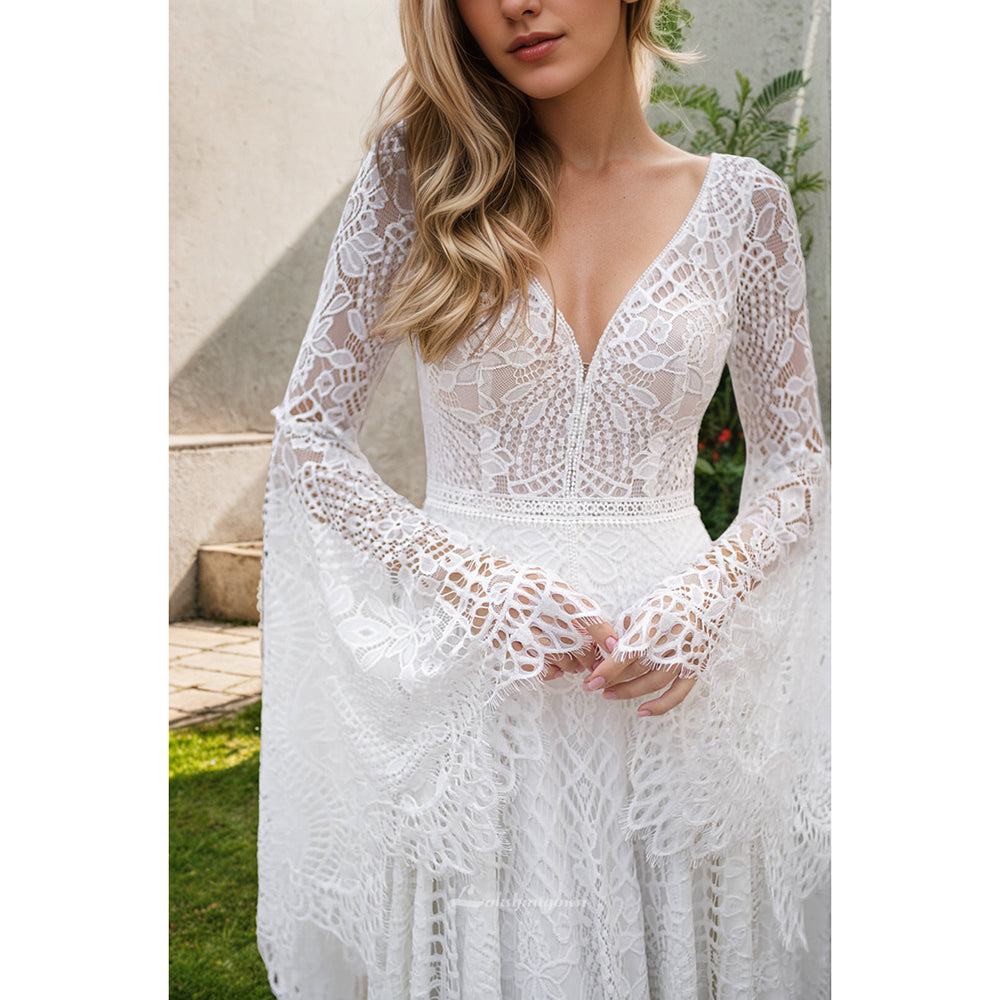 Lace Boho Wedding Dresses Off Shoulder Long Sleeve Backless Bohemian Bridal Gowns