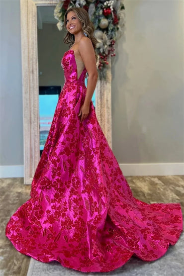 Fuchsia Floral Strapless Prom Dress with Side High Slit