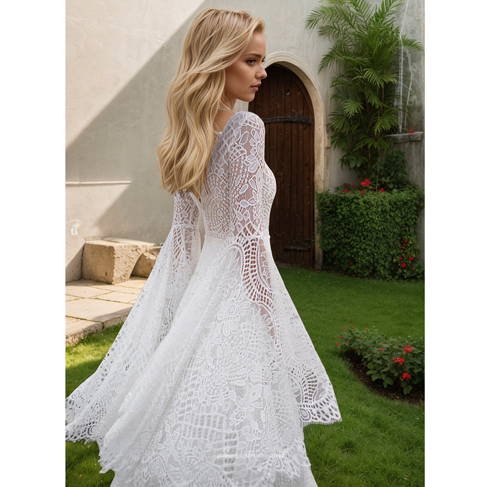 Lace Boho Wedding Dresses Off Shoulder Long Sleeve Backless Bohemian Bridal Gowns