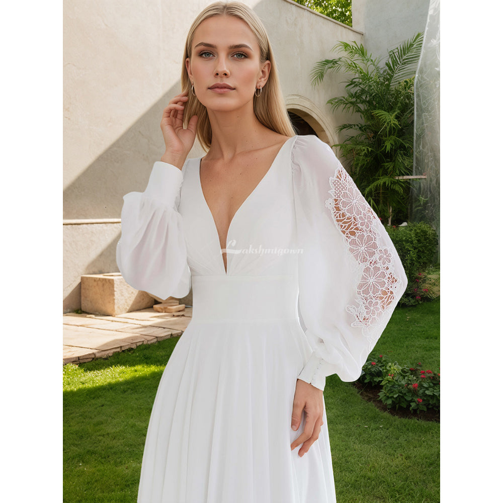 Boho Chiffon Beach Wedding Dresses Ivory Long Sleeves Bridal Gowns
