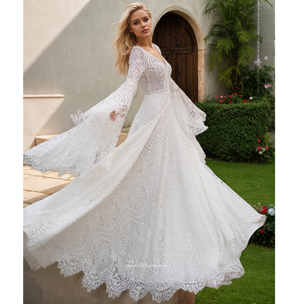 Lace Boho Wedding Dresses Off Shoulder Long Sleeve Backless Bohemian Bridal Gowns