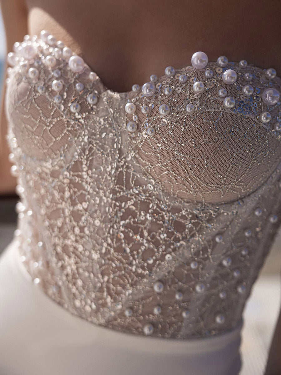 A-Line Strapless Sweetheart Sequins Pearls High Slit Mermaid Wedding Dress with Train