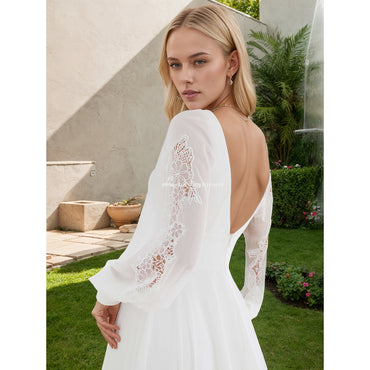 Boho Chiffon Beach Wedding Dresses Ivory Long Sleeves Bridal Gowns