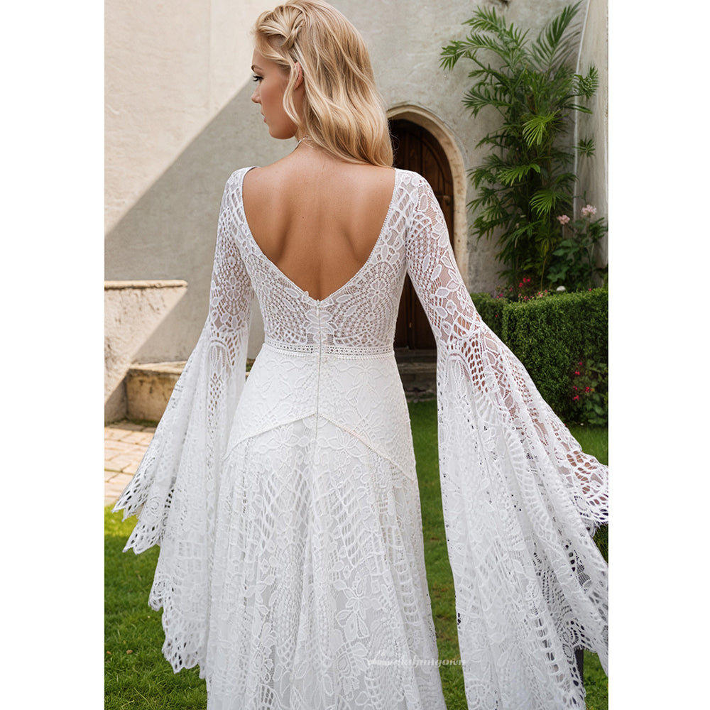 Lace Boho Wedding Dresses Off Shoulder Long Sleeve Backless Bohemian Bridal Gowns