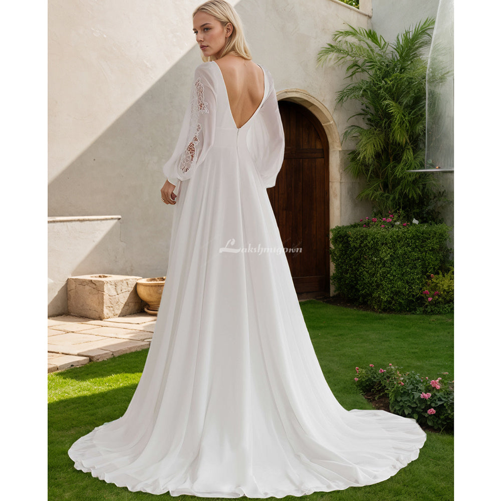 Boho Chiffon Beach Wedding Dresses Ivory Long Sleeves Bridal Gowns