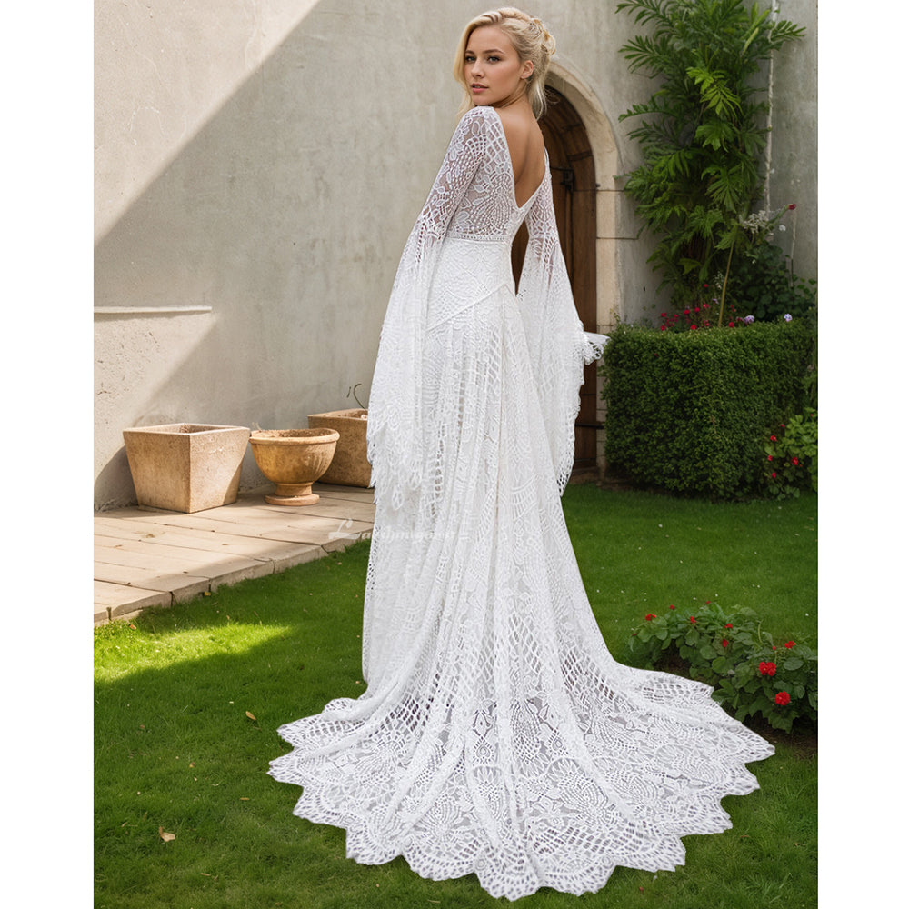Lace Boho Wedding Dresses Off Shoulder Long Sleeve Backless Bohemian Bridal Gowns
