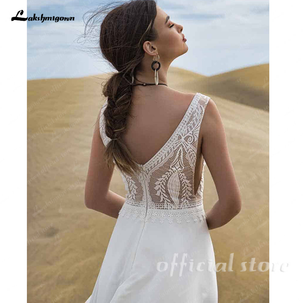 Bohemian Chiffon Lace Wedding Dress with Half Sleeves