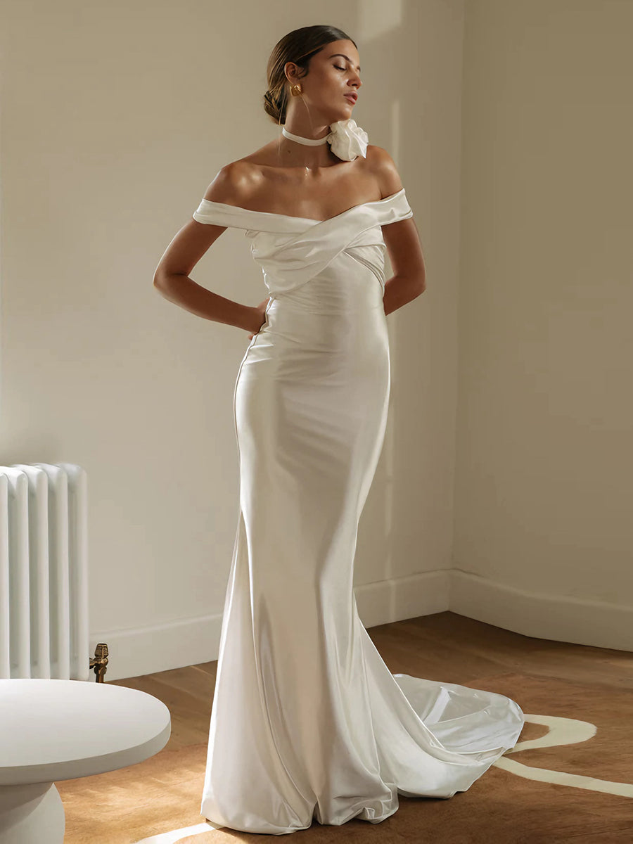 Off-Shoulder Sleek Satin Elegant Mermaid Wedding Dress with Train