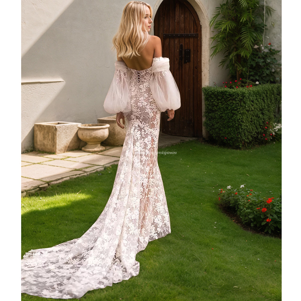 Lantern Sleeves Mermaid Wedding Dresses Beads Appliques Sweetheart Tulle Bridal Gowns
