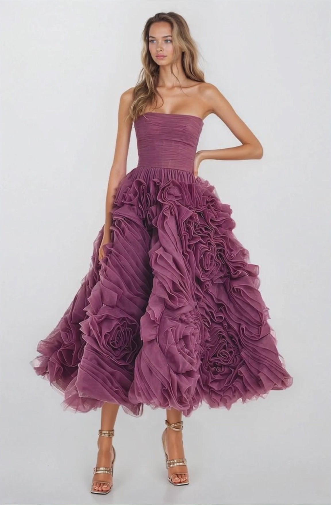 Strapless Tea Length Purple Prom Dresses Tiered Ruffles Holiday Dress
