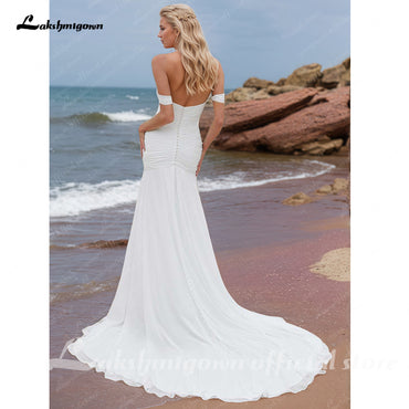 Vestido de novia de sirena con hombros descubiertos, vestido de novia dividido plisado sin tirantes