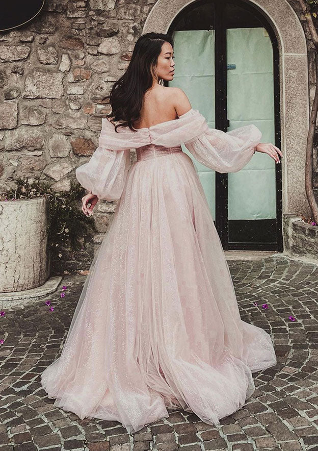 Off-the-Shoulder Sweep Train Tulle Prom Dress With Pleated Split