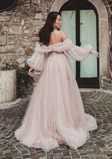 Off-the-Shoulder Sweep Train Tulle Prom Dress With Pleated Split