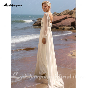 A Line Chiffon Wedding Dresses for Bride Deep V Neck Sweep Train Bridal Gowns