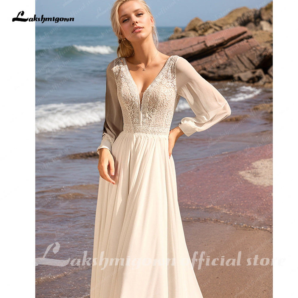 A Line Chiffon Wedding Dresses for Bride Deep V Neck Sweep Train Bridal Gowns