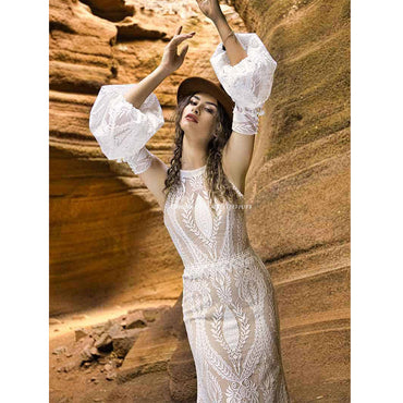 Round Halter Lace Mermaid Wedding Dress with Removable Half Bubble Sleeves