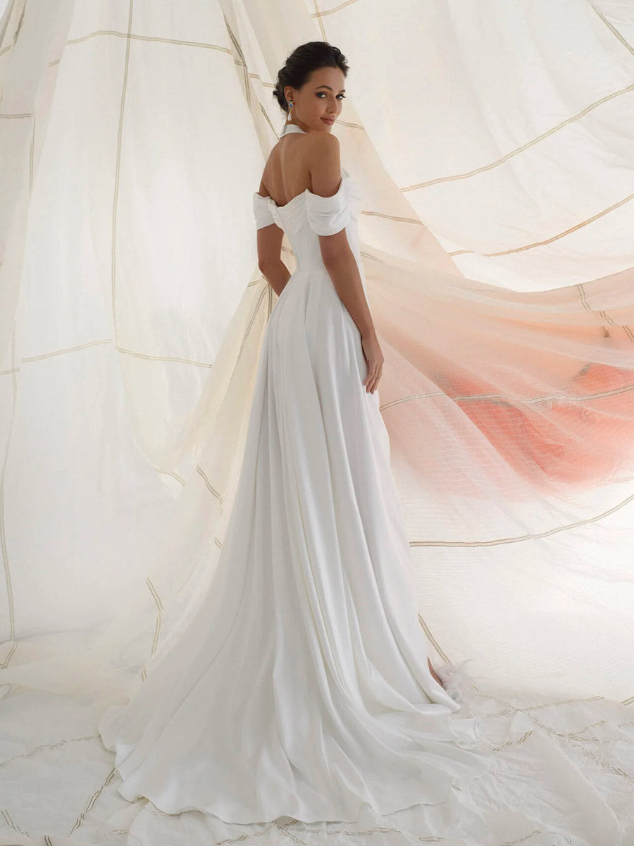 A-Line Halter Off Shoulder Sweetheart High Slit Wedding Dress with Train