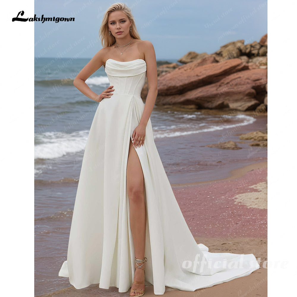 Satin Strapless High Side Slit Wedding Dress
