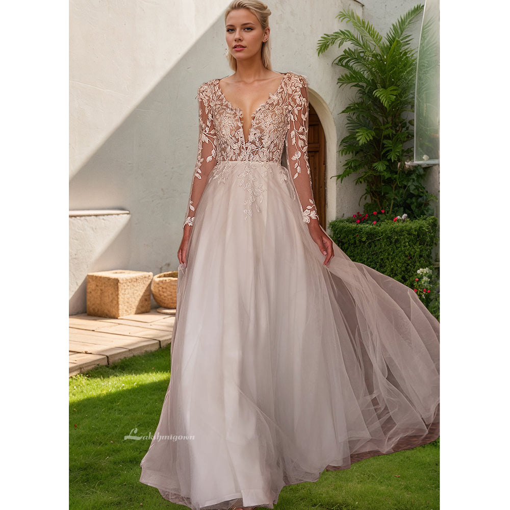 Long Sleeves V Neck Split A Line Wedding Dress Bridal Gown Sweep Train Backless Bride Dresses
