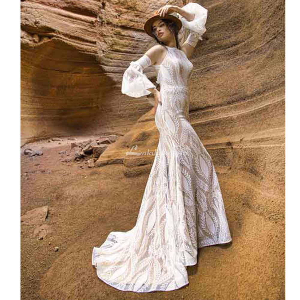 Round Halter Lace Mermaid Wedding Dress with Removable Half Bubble Sleeves