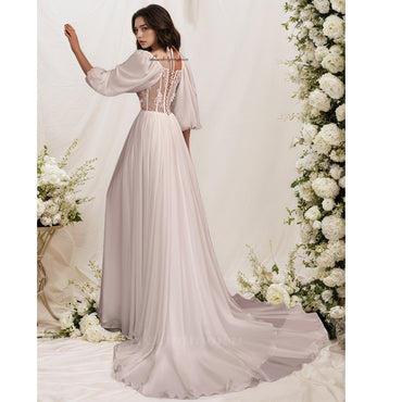 Boho A-Line Wedding Dress Lace Up Back Long Sleeve Bridal Beach Gowns