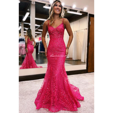 Hot Pink Long Mermaid Spaghetti Straps Prom Dress with Appliques