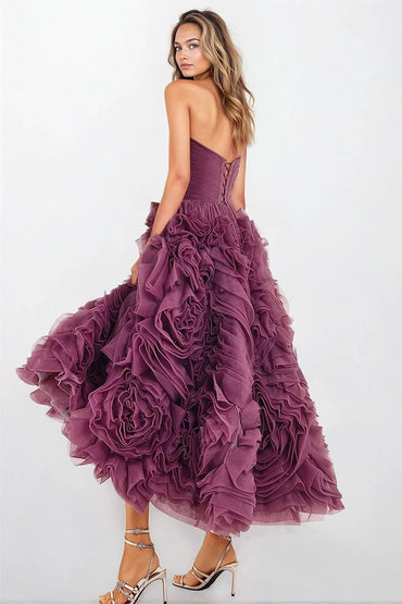 Strapless Tea Length Purple Prom Dresses Tiered Ruffles Holiday Dress