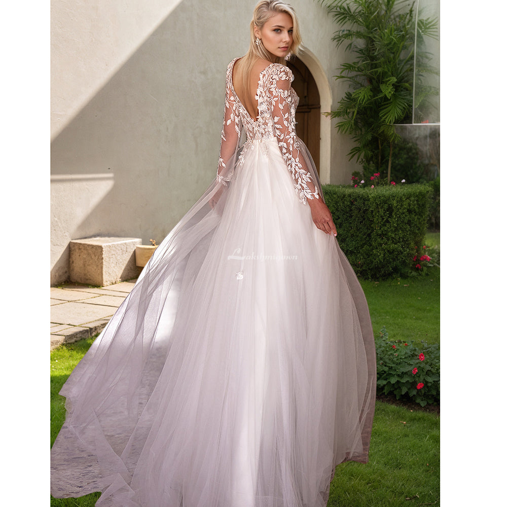 Long Sleeves V Neck Split A Line Wedding Dress Bridal Gown Sweep Train Backless Bride Dresses